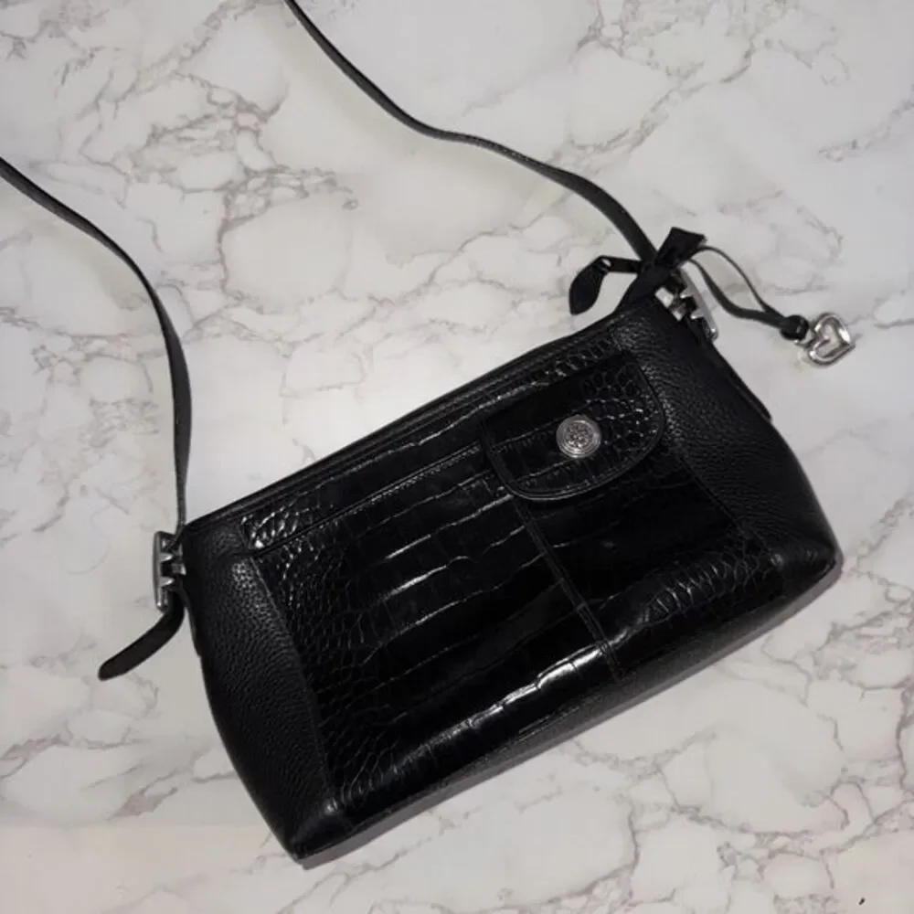 Brighton Shoulder Bag Black Leather Croc Embossed Crossbody Purse Pocket w/ Flap